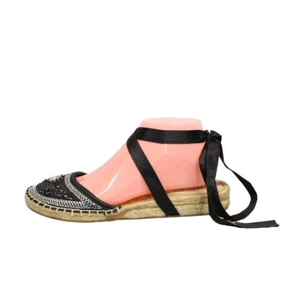 Tintori Shoes - Tintori Black Beaded Embroidered Espadrille Lace-up Sandals Size 40 / 9